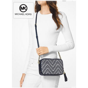 MICHAEL KORS Ginny Medium Woven Navy/White Leather Lux Nautical Crossbody
